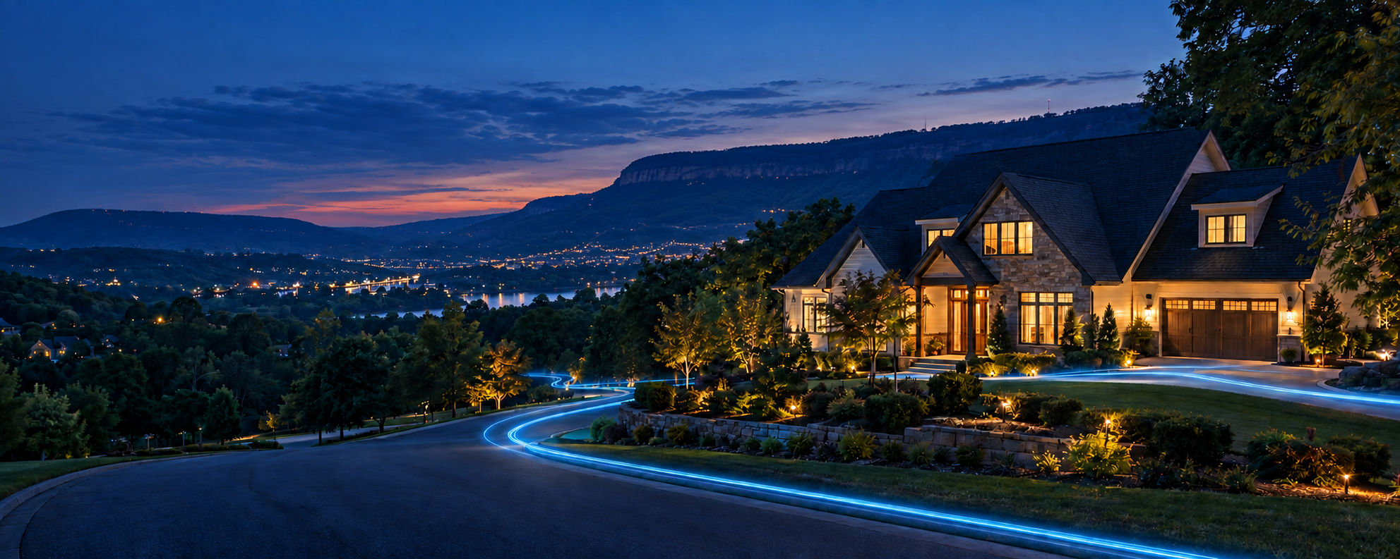 A Hamilton County home at blue hour with a familiar Tennessee ridge rising behind it