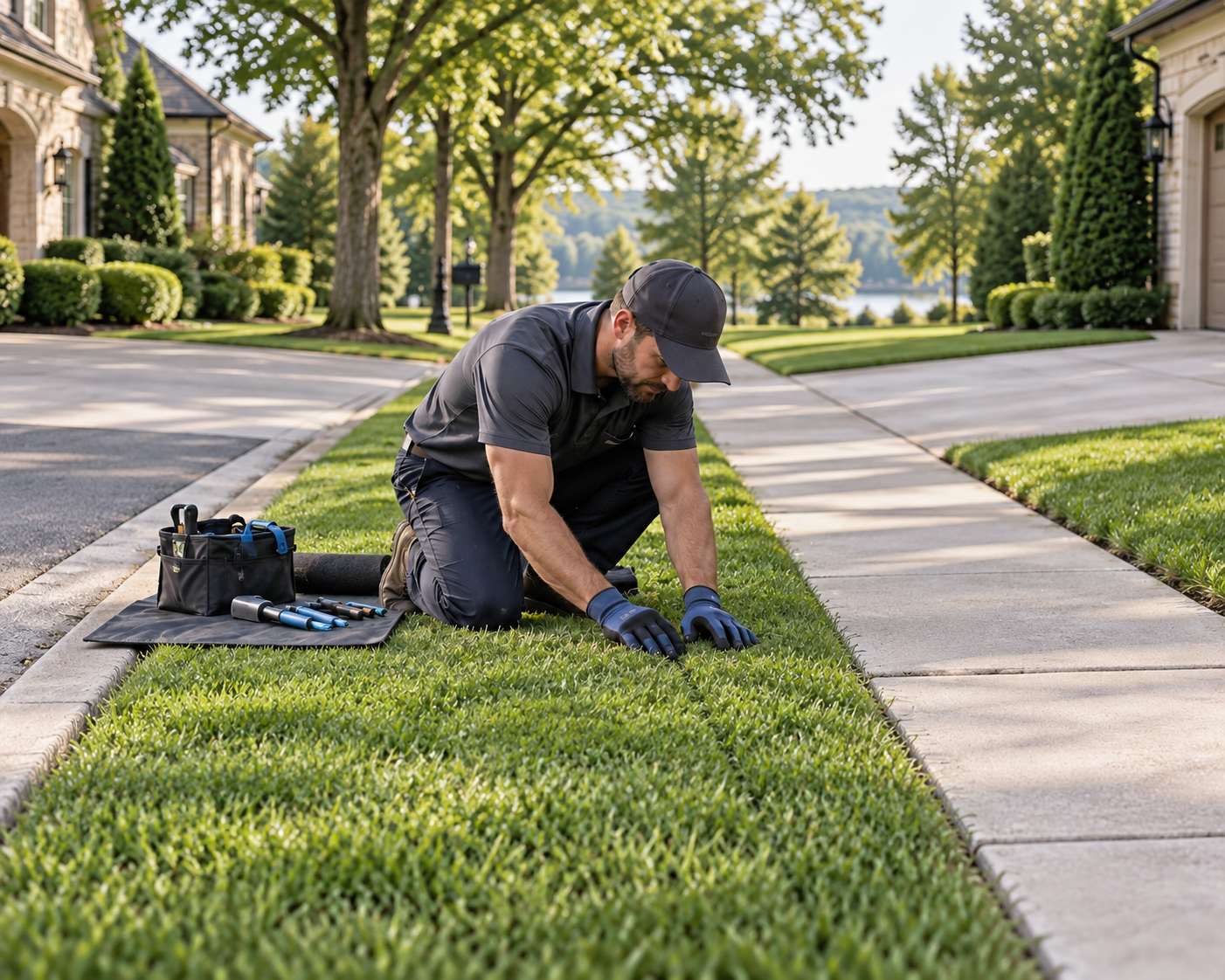 A fiber installer carefully restoring the narrow grass strip beside a neighborhood sidewalk between driveways